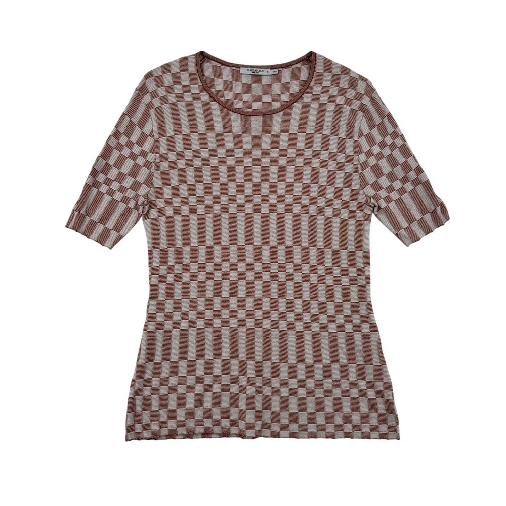 M.M.LaFleur Charli Top Women M Brown Checkered Knit Short Sleeve Excellent